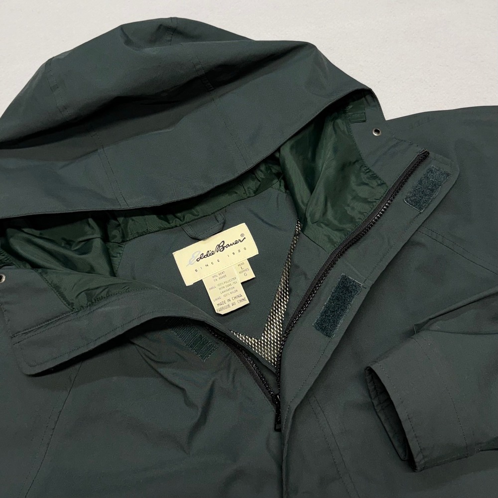 Eddie Bauer Gore-Tex Parka Jacket L Mens Green Hooded Rain Shell Waterproof